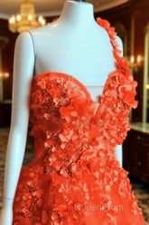 One Shoulder Tulle Evening Prom Dresses 3D Flowers