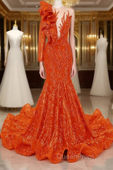 Orange Mermaid One Sleeve Evening Prom Dresses Sequined Lace Jewel Ruffles Evening Party Dresses with Appliques