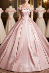 Pink A-Line Off Shoulder Satin Long Evening Prom Dresses, Beautiful A-Line Off The Shoulder Party Dresses