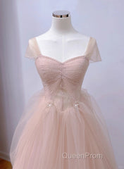 Pink A-Line Tulle Beaded Off Shoulder Long Party Dresses, Pink Tulle Evening Prom Dresses