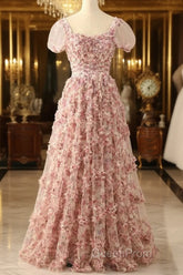 Pink A-Line Tulle Pleated Floral Long Evening Prom Dresses Adult Ceremony Graduation Evening Prom Dresses