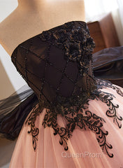 Pink And Black Lace Tulle Ball Gown Sweet 16 Dresses, Pink And Black Long Formal Dresses