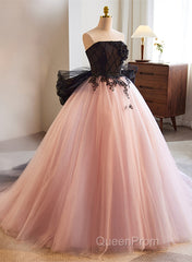 Pink And Black Lace Tulle Ball Gown Sweet 16 Dresses, Pink And Black Long Formal Dresses
