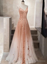 Pink Beaded Tulle Prom Dress Evening Dress, Straps Gradient Party Dresses