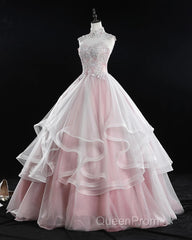 Pink High Neck Tulle Lace Long Evening Prom Dresses, Pink Sweet 16 Gown