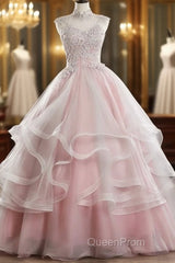 Pink High Neck Tulle Lace Long Evening Prom Dresses, Pink Sweet 16 Gown