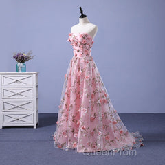 Pink Long A-Line Flowers Evening Dresses, Pink Party Dresses Evening Prom Dresses