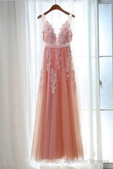 Pink Long New Prom Dress, Party Dress with Lace Applique