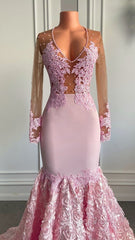 Pink Long Sleeves Lace Evening Prom Dresses Mermaid Tulle Evening Formal Gown