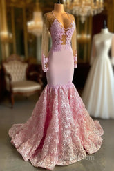 Pink Long Sleeves Lace Evening Prom Dresses Mermaid Tulle Evening Formal Gown