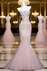 Pink Mermaid Strapless Tulle Diamond Long Evening Prom Dresses Sweet Wedding Dresses Formal Dresses