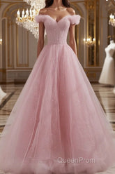 Pink off shoulder tulle sequin long Evening Prom Dresses, pink formal Dresses