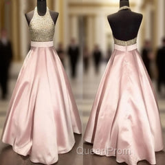 Pink Round Neck Sequin Long Evening Prom Gown, Pink Evening Dresses For Teens