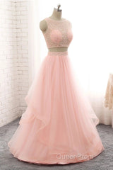 Pink See Through Tulle Beading Strapless Two Piece Evening Prom Dresses