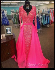 Pink Sequin Evening Prom Dresses Long Sleeves V Neck Evening Gowns With Train