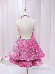 Pink Sequins Halter Backless Short Homecoming Dresses, Pink Short Evening Prom Dresses