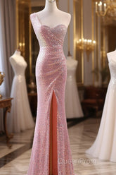 Pink Sequins Mermaid Sweetheart Long Evening Prom Dresses, Pink Sequins Evening Dresses