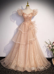 Pink Shiny Tulle Sweetheart Long Layers Party Dresses, A-Line Pink Tulle Formal Dresses Evening Prom Dresses