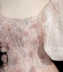 Pink Short Sleeves Tulle Sequins Long Party Dresses, Pink Tulle Evening Prom Dresses