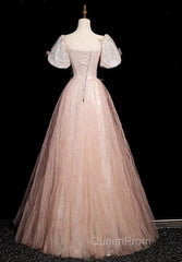 Pink Short Sleeves Tulle Sequins Long Party Dresses, Pink Tulle Evening Prom Dresses