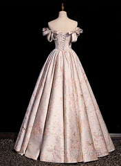 Pink Statin Off Shoulder Floral Long Party Dresses, Pink Sweetheart Evening Prom Dresses Evening Dresses