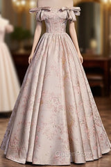 Pink Statin Off Shoulder Floral Long Party Dresses, Pink Sweetheart Evening Prom Dresses Evening Dresses