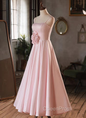 Pink Straps Sweetheart Long Satin Wedding Party Dresses, Pink Formal Dresses Evening Prom Dresses