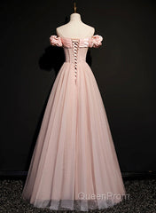 Pink Sweetheart Beaded Tulle Long Evening Prom Dresses, A-Line Pink Evening Dresses