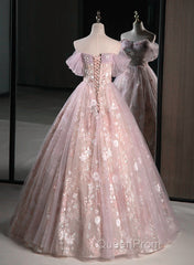 Pink Sweetheart Floral Lace And Tulle Evening Prom Dresses, Pink Sweetheart Long Party Dresses