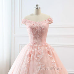 Pink Sweetheart Off Shoulder With Lace Long Sweet 16 Dresses, Pink Formal Dresses