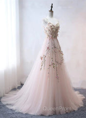 Pink Sweetheart Tulle With Lace Flowers Long Evening Dresses, Pink Tulle Evening Prom Dresses