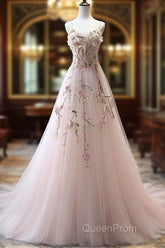 Pink Sweetheart Tulle With Lace Flowers Long Evening Dresses, Pink Tulle Evening Prom Dresses