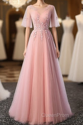 Pink Tulle A-Line Long Party Dresses Bridesmaid Dresses A Line Short Sleeves Floor Length Evening Prom Dresses