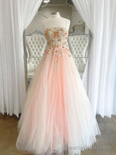 Pink tulle lace long prom dress, pink lace long evening dress