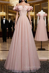 Pink Tulle Long A Line Evening Prom Dresses Pink Evening Dresses