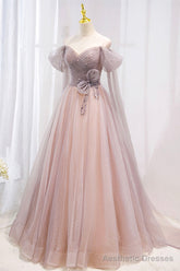 Pink Tulle Off the Shoulder Prom Dress with Beaded, A-Line Formal Evening Dress