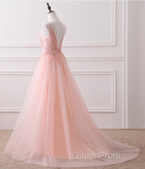 Pink Tulle Round Lace Applique Long Formal Dresses, Pink Tulle Junior Evening Prom Dresses Party Dresses