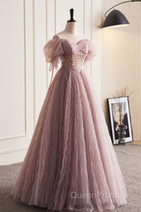 Pink Tulle Sequins Floor Length Evening Prom Dresses, Beautiful Off The Shoulder Evening Party Dresses