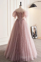 Pink Tulle Sequins Floor Length Evening Prom Dresses, Beautiful Off The Shoulder Evening Party Dresses