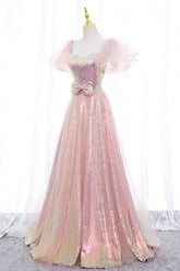 Pink Tulle Sequins Long Prom Dress, Cute Short Sleeve Evening Dress