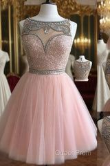 Pink Tulle Short Evening Prom Dresses For Teens, Pink Homecoming Dresses