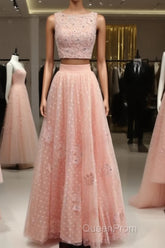 Pink Tulle Two Piece Evening Prom Dresses Lace Crop