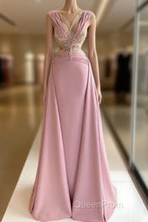 Pink V-Neck Fitted Satin Lace Long Evening Prom Dresses