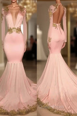 Pink V Neck Long Sleeves Mermaid Evening Prom Dresses Affordable Evening Dresses