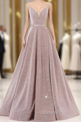 Pink V Neck Sequin A Line Evening Prom Dresses With Slit