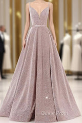 Pink V Neck Sequin A Line Evening Prom Dresses With Slit