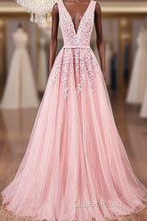 Pink V Neck Tulle Lace Applique Long Evening Prom Dresses, Pink Bridesmaid Dresses
