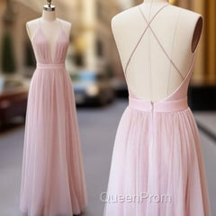 Pink V Neck Tulle Long Evening Prom Dresses, Evening Dresses