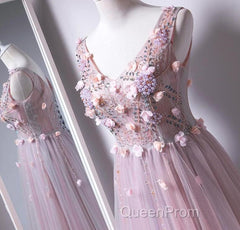 Pink V-Neckline Tulle With Flowers Beaded Long Party Dresses, Junior Evening Prom Dresses