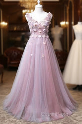 Pink V-Neckline Tulle With Flowers Beaded Long Party Dresses, Junior Evening Prom Dresses